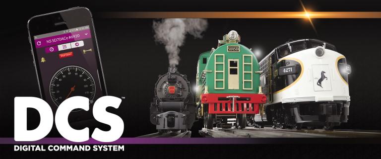 DCS Home page image featuring the DCS app on a smartphone and several locomotives in different scales