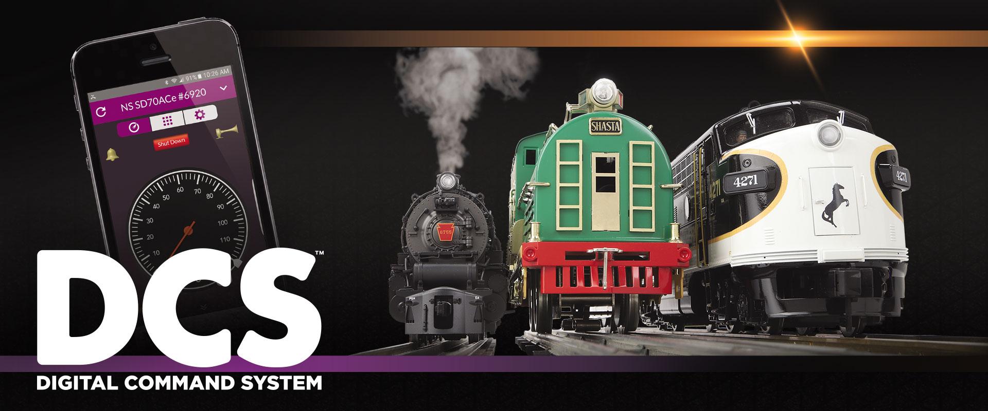 DCS Home page image featuring the DCS app on a smartphone and several locomotives in different scales