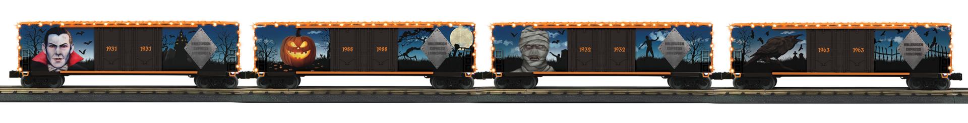 Halloween 4-Car 50’ Double Door Plugged Boxcar Set With LED Lights Set
